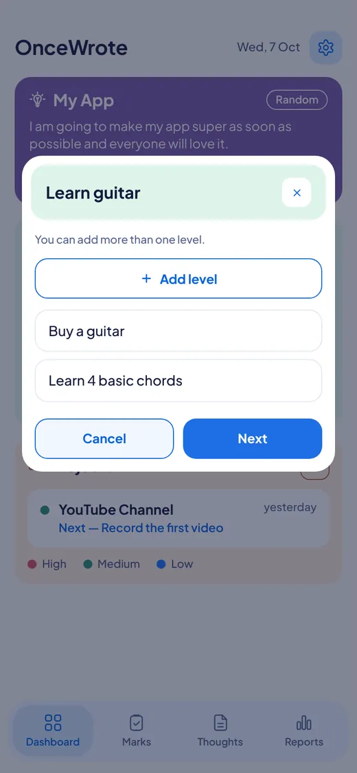 A list of levels with an Add level button.
