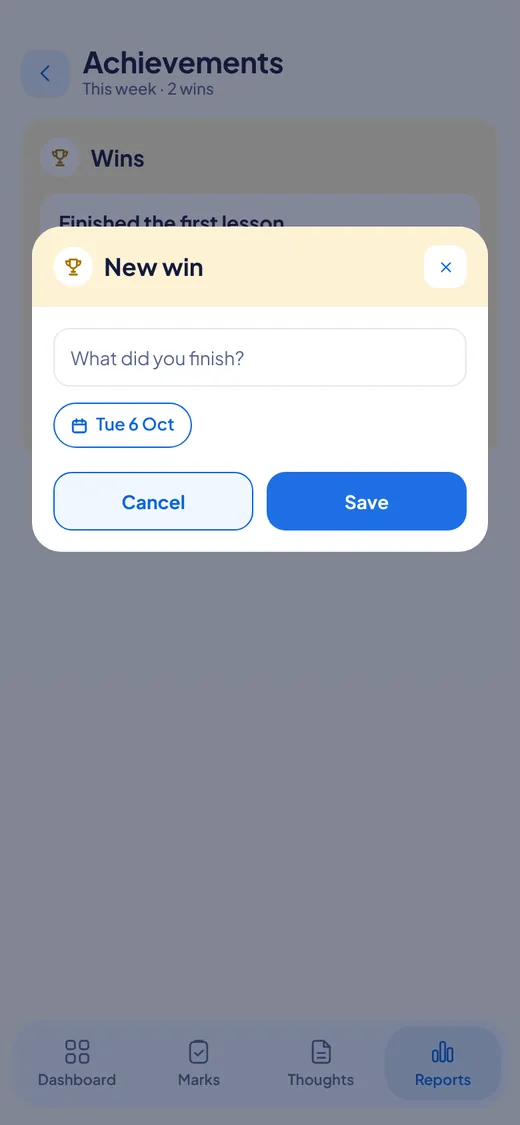 The New win popup with a box, a date and Cancel and Save.