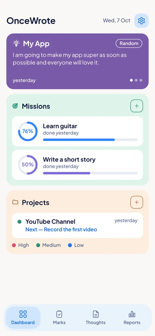 OnceWrote Dashboard on a phone. At the top, a slider shows a saved thought. Below it are a mission called Learn guitar and a project called YouTube Channel.