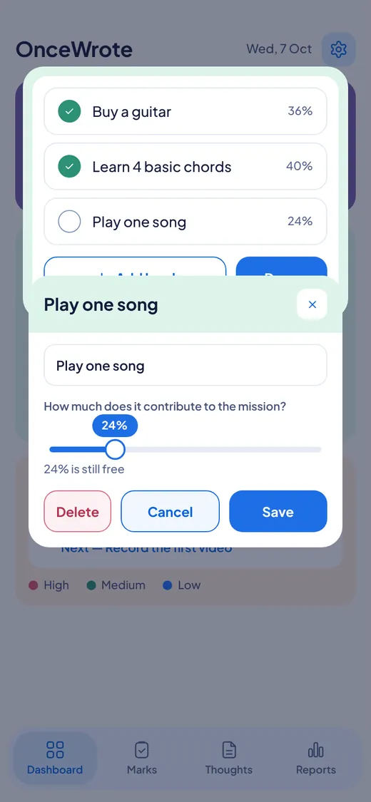 A level called Buy a guitar with a slider showing how much it contributes and a note that 24 percent is still free.