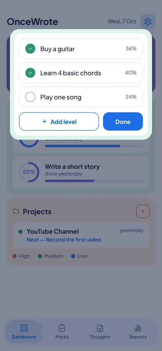 A mission with three levels and their shares.