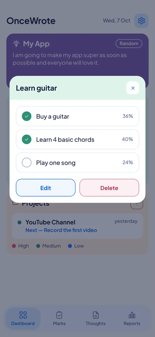 The Learn guitar mission with three levels and a progress bar at seventy-six percent.