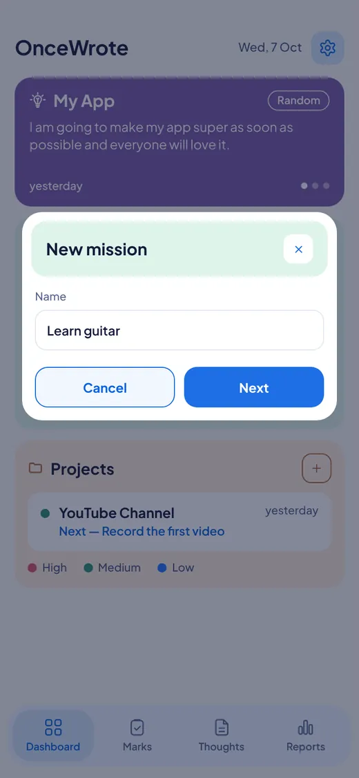The New mission popup with one box for the name.