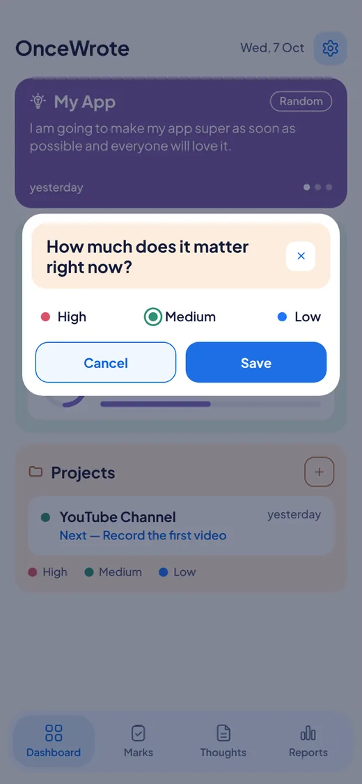 A question asking how much the project matters, with three choices: High, Medium and Low.