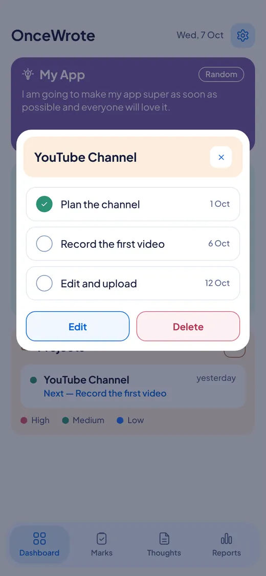 The YouTube Channel project open, with three actions to tick and the next action shown on the Dashboard.