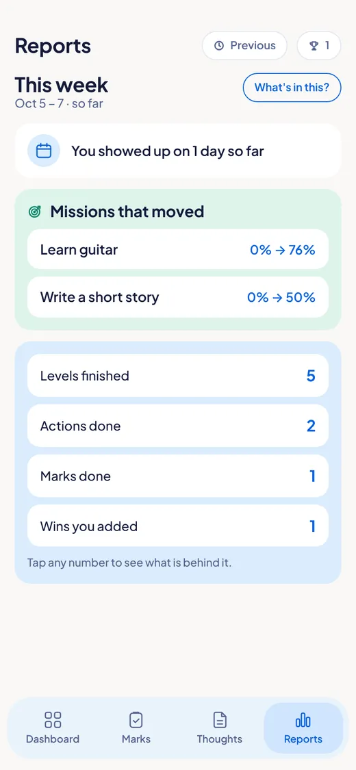 The weekly report showing days showed up, missions that moved, levels finished, actions done, marks done and wins added.
