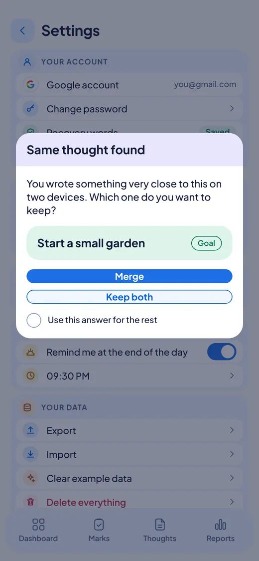A popup that asks which version of a thought to keep, with Merge and Keep both buttons.