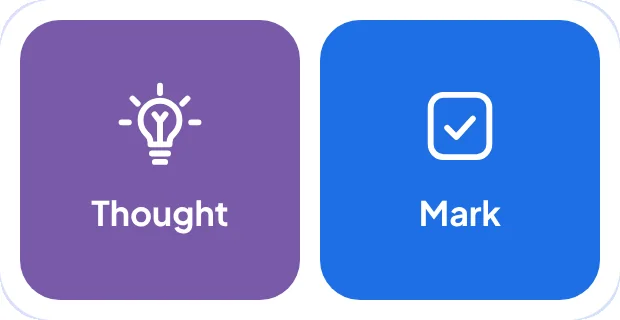 The OnceWrote widget on an Android home screen with two buttons, Thought and Mark.